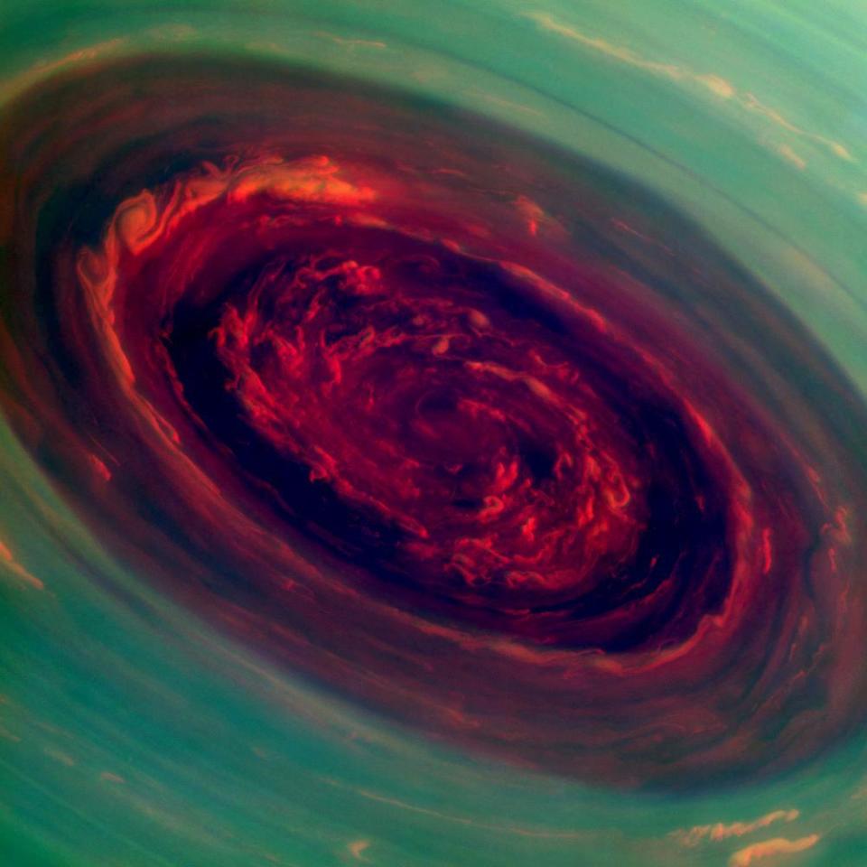 This picture, captured on November 27, 2012, shows the spinning vortex of Saturn's north polar storm from a distance of 419,000 km.