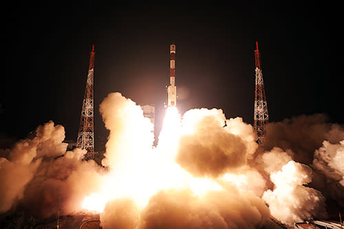 The Indian Space Research Organisation's first navigation satellite IRNSS-1A launches toward space atop a Polar Satellite Launch Vehicle from Satish Dhawan Space Centre in southeastern India, on July 1,2013.