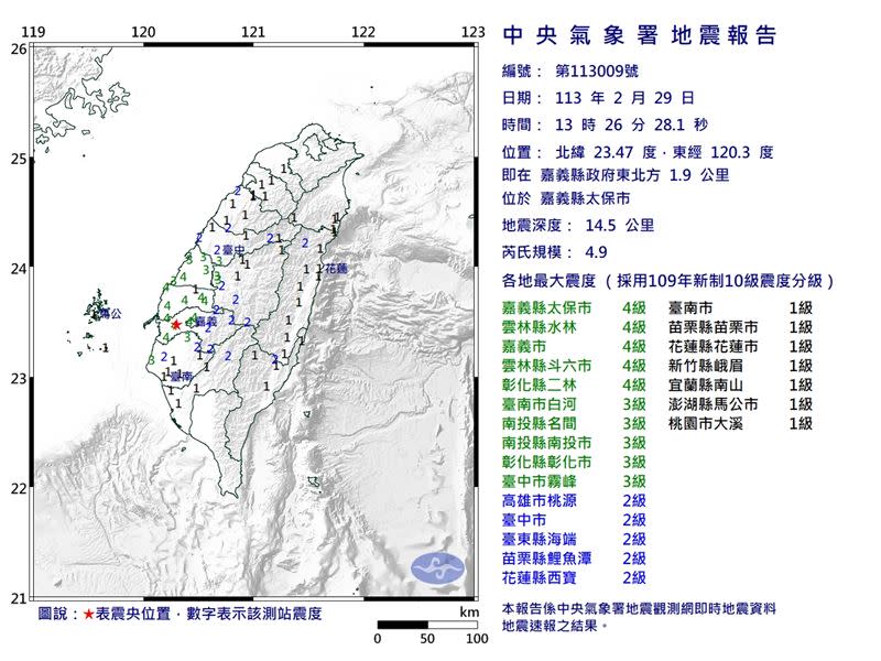 2/29下午，嘉義縣太保市發生芮氏規模4.9地震。（圖／氣象署提供）