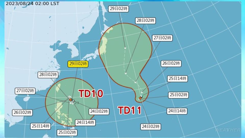 熱帶性低氣壓TD10、TD11路徑預報圖。（圖／TVBS）