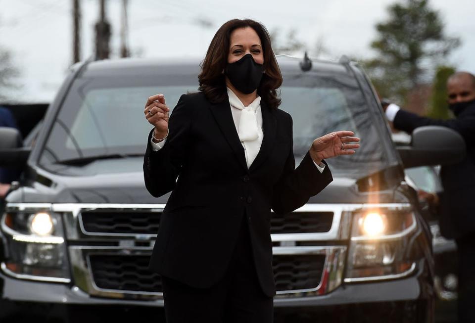 <p>Kamala Harris pictured dancing on the campaign trail - this week she’ll be sworn in as vice-president</p> (AFP via Getty Images)