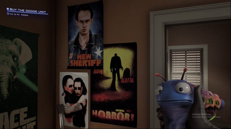 A screenshot from the game shows some weird looking posters. 