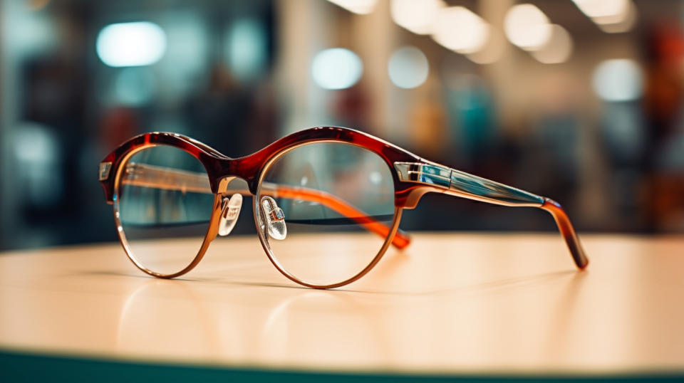 A close-up of eyeglasses on display at a Vista Optical shop.