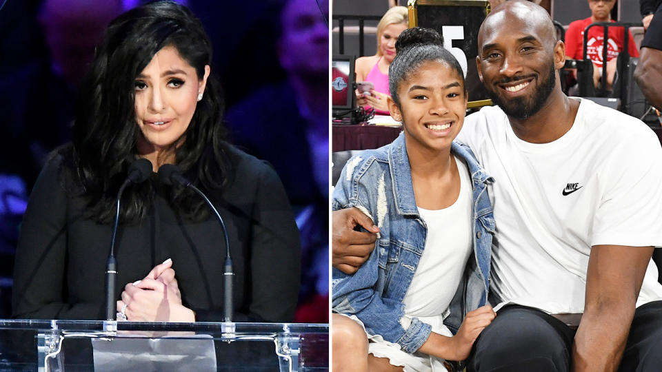 Vanessa Bryant, pictured here paying an emotional tribute to Kobe and Gianna at their public memorial.