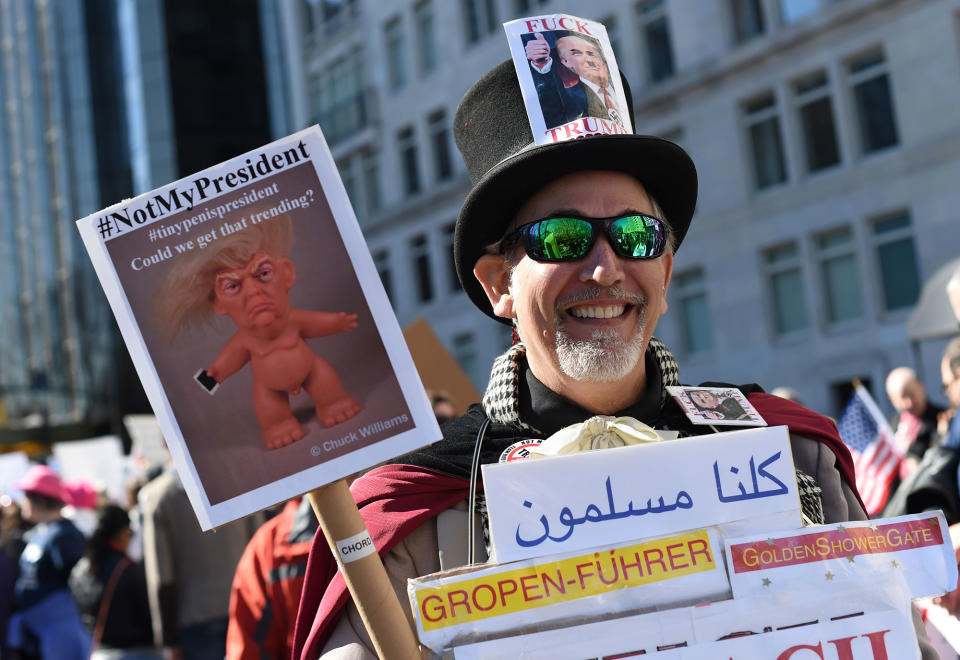 <p>Protestors march near Central Park West in New York City during a “Not My President’s Day” rally on Feb. 20, 2017, as part of a protest against President Trump.(Timothy A. Clary/AFP/Getty Images) </p>