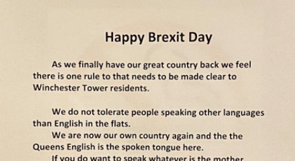 A note pinned up on doors in a block of flats said residents would not "tolerate people speaking other languages than English" (Picture: Twitter)