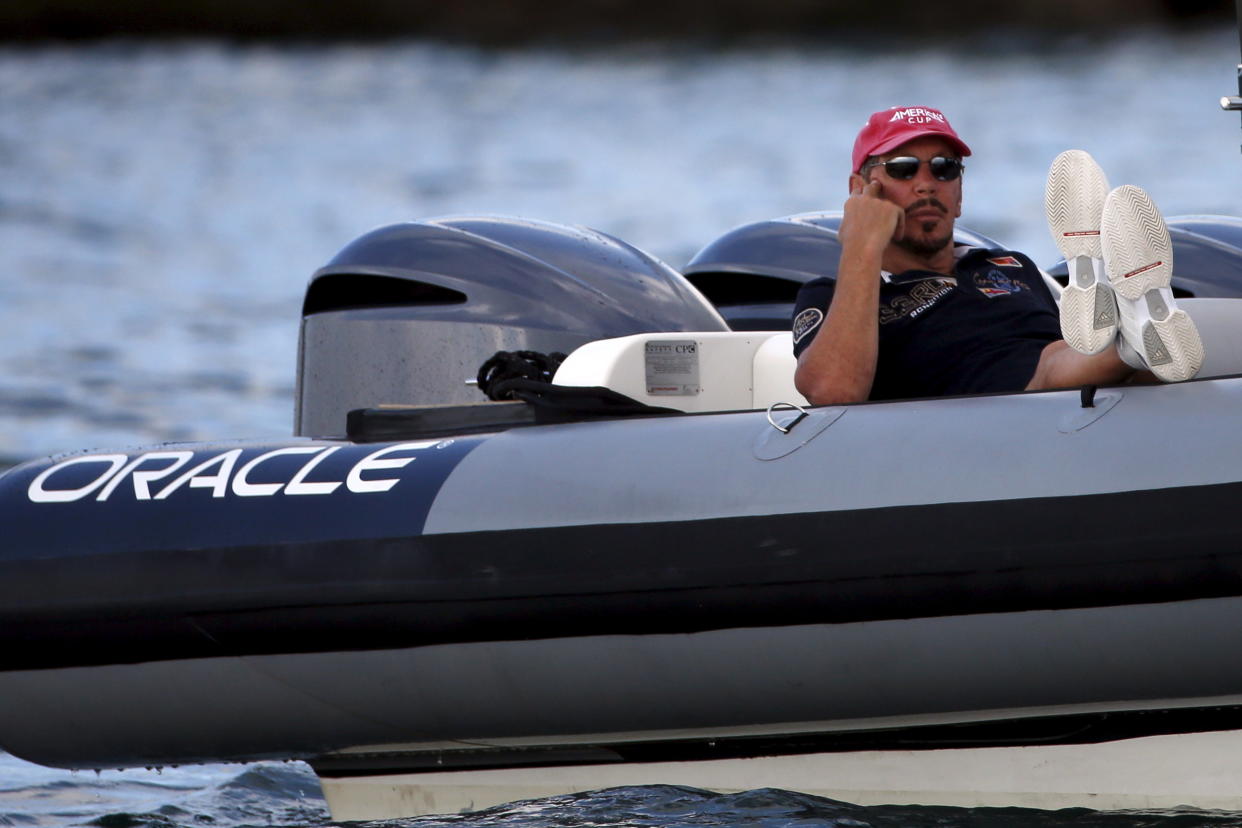 Larry Ellison, founder and former CEO of Oracle Inc. watches a training race from a motor boat ahead of the America's Cup World Series sailing competition on the Great Sound in Hamilton, Bermuda, October 16, 2015. REUTERS/Mike Segar