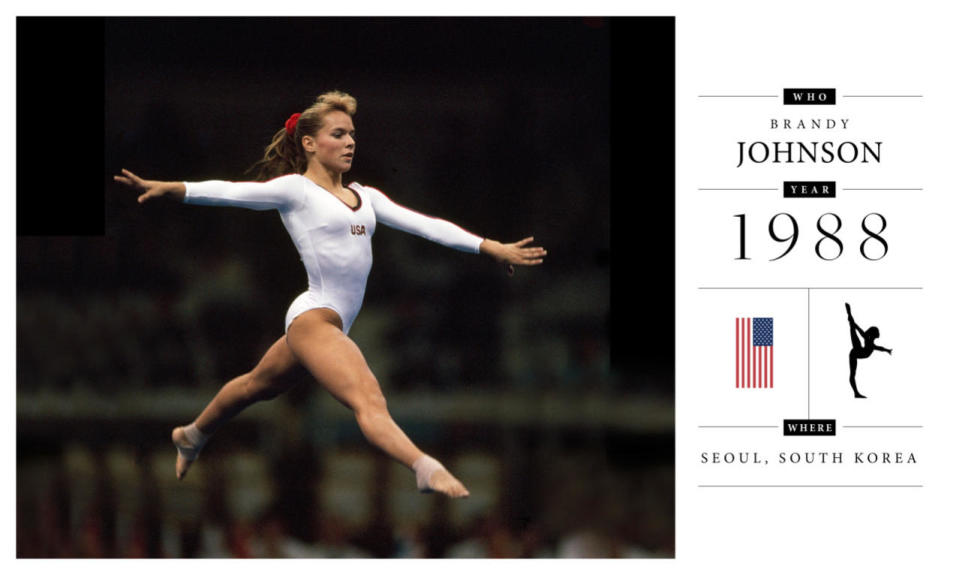 In 1988, the uniforms were even more streamlined. Here, we see a simple white leotard with “USA” written across the front and red and blue detailing at the neck. 