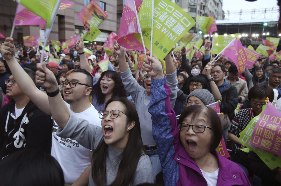 Supporters of Taiwan's presidential election candidate, Taiwan president Tsai Ing-wen cheer for her victory as they gather to watch early election returns in Taipei, Taiwan, Saturday, Jan. 11, 2020. The banner, center, reads "Taiwan Is An Independent Country". (AP Photo/Chiang Ying-ying)