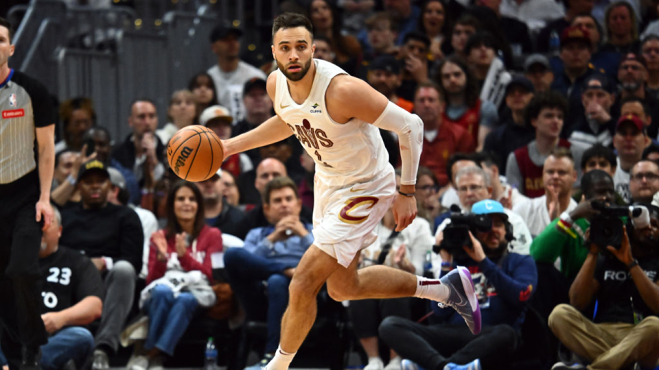 Max Strus #1 of the Cleveland Cavaliers brings the ball up court during the fourth quarter of game two of the Eastern Conference First Round Playoffs against the Orlando Magic at Rocket Mortgage Fieldhouse on April 22, 2024 in Cleveland, Ohio. The Cavaliers defeated the Magic 96-86.