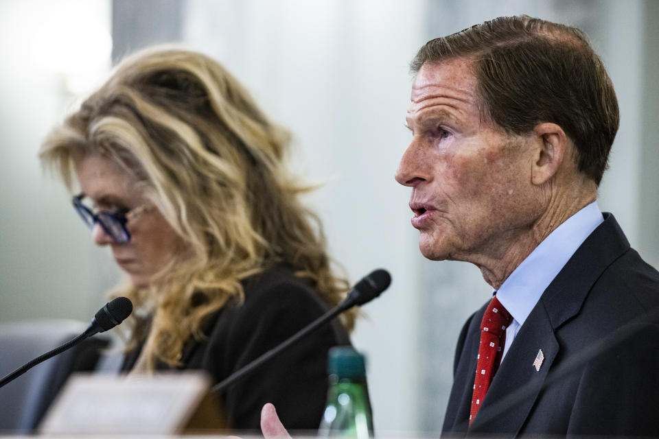 WASHINGTON, DC - OCTOBER 26: Committee Chairman Sen. Richard Blumenthal (D-CT) speaks during a Senate Subcommittee on Consumer Protection, Product Safety, and Data Security hearing on Protecting Kids Online: Snapchat, TikTok, and YouTube on October 26, 2021 in Washington, DC. Social media companies have come under increased scrutiny after a whistleblower exposed controversial issues with Facebook and how they utilized algorithms to increase user engagement. (Photo by Samuel Corum/Getty Images)