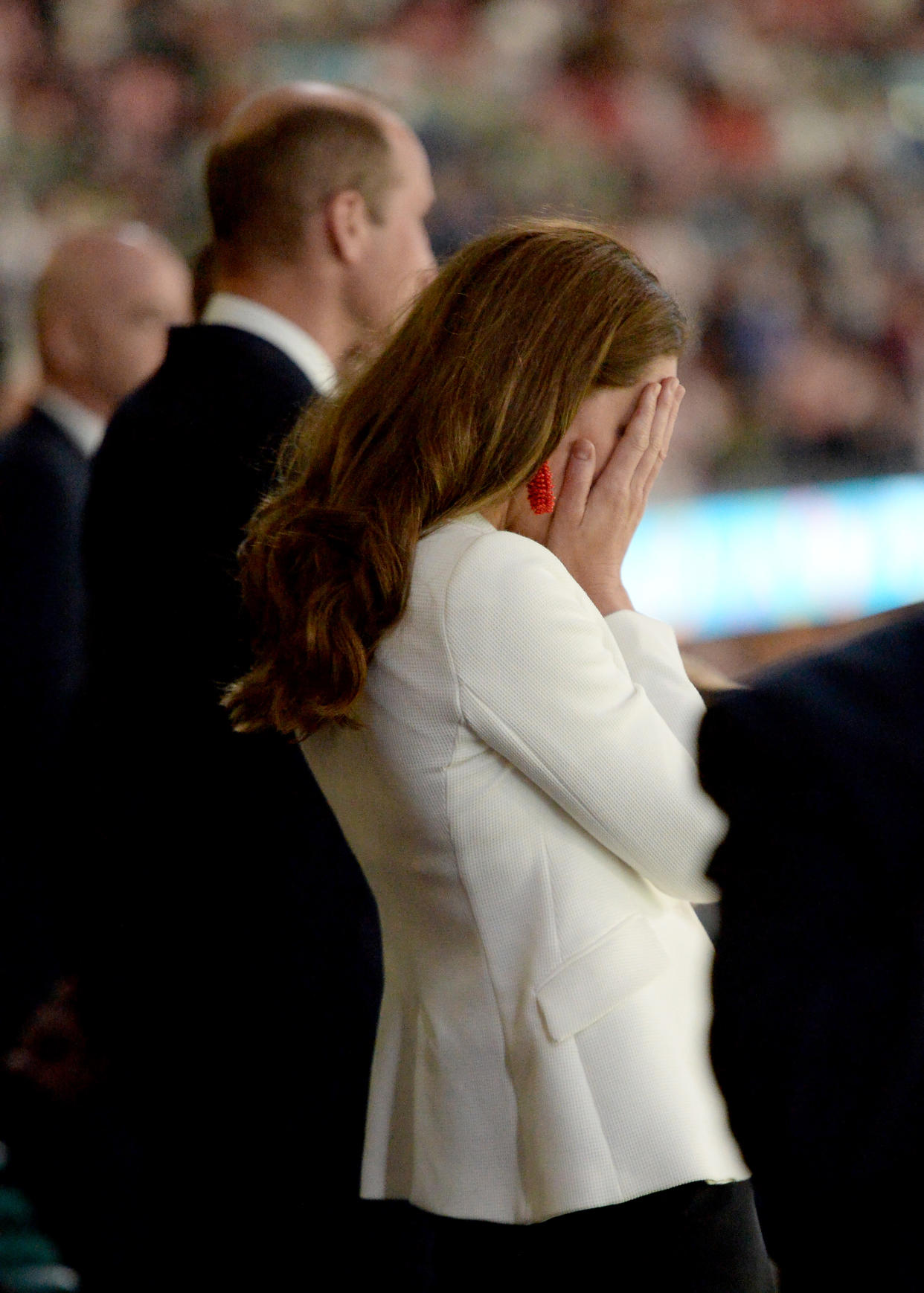 LONDON, ENGLAND - JULY 11: Catherine, Duchess of Cambridge shows her dejection at the end of the UEFA Euro 2020 Championship Final between Italy and England at Wembley Stadium on July 11, 2021 in London, England. (Photo by Eamonn McCormack - UEFA/UEFA via Getty Images)