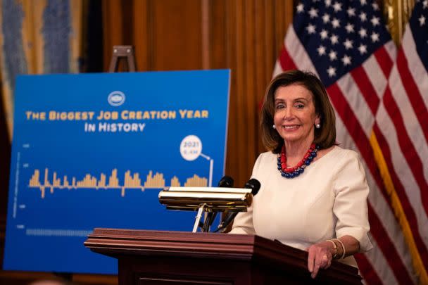 PHOTO: In this Jan. 20, 2022, file photo, Speaker of the House Nancy Pelosi talks to reporters during her weekly news conference on Capitol Hill in Washington, D.C. (Eric Lee, Pool/Getty Images, FILE)