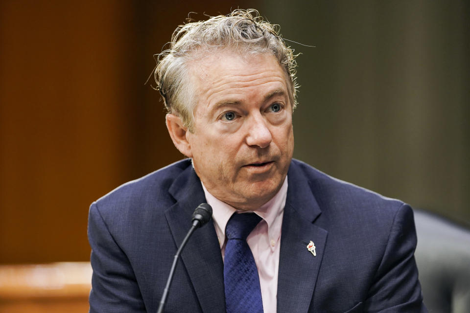 FILE - In this March 23, 2021 file photo, Sen. Rand Paul, R-Ky., speaks during a a Senate Foreign Relations Committee hearing on Capitol Hill in Washington. Democrat Charles Booker, whose unabashedly progressive campaign in Kentucky came up just short in last year's Senate primary, said Monday April 12 he's forming an exploratory committee as he weighs a follow-up Senate race in 2022 against Paul. (Greg Nash/Pool via AP, File)