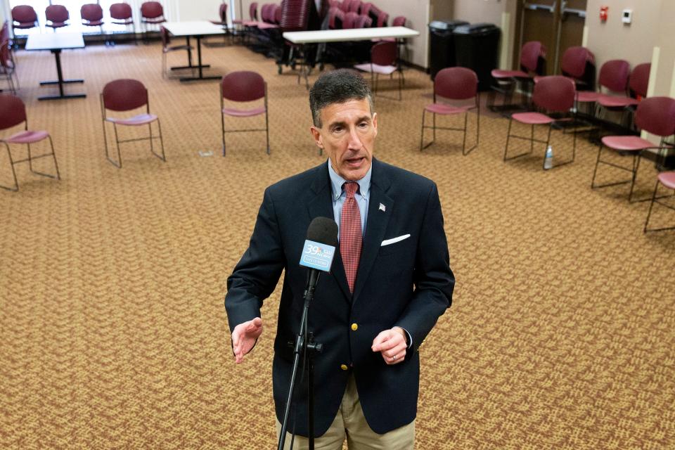 Rep. David Kustoff answers questions from the media after a meeting for the Rotary Club of Humboldt at the Humboldt Medical Center on Friday, February 10, 2023. 