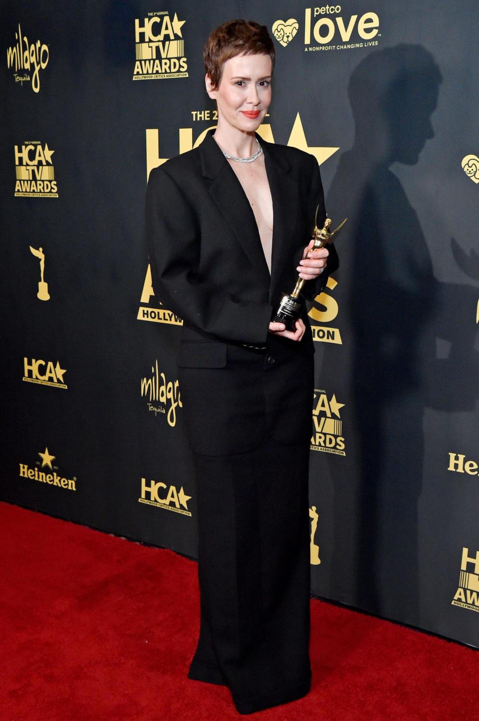 <p>Sarah Paulson poses with her award at the second annual HCA TV Awards: Broadcast & Cable at The Beverly Hilton on Aug. 13 in Beverly Hills, California. </p>