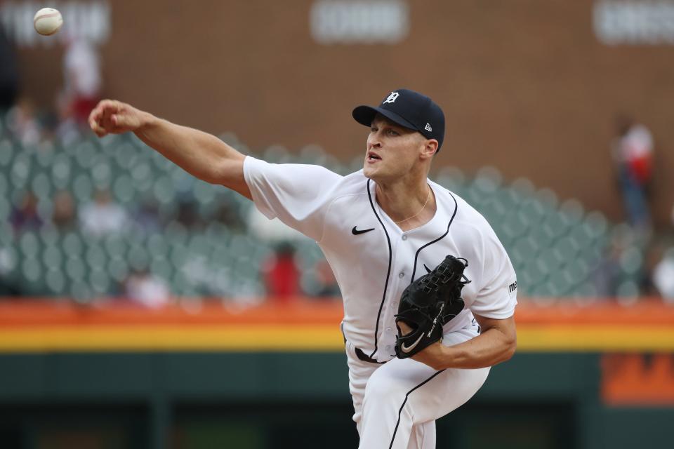 Matt Manning of the Detroit Tigers throws a first-inning pitch while playing the Houston Astros at Comerica Park on August 25, 2023 in Detroit.