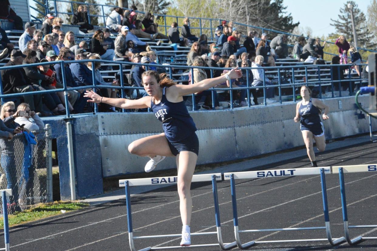 Sault High's Claire Erickson won the 300 hurdles at the Straits Area Conference championship track and field meet Monday.