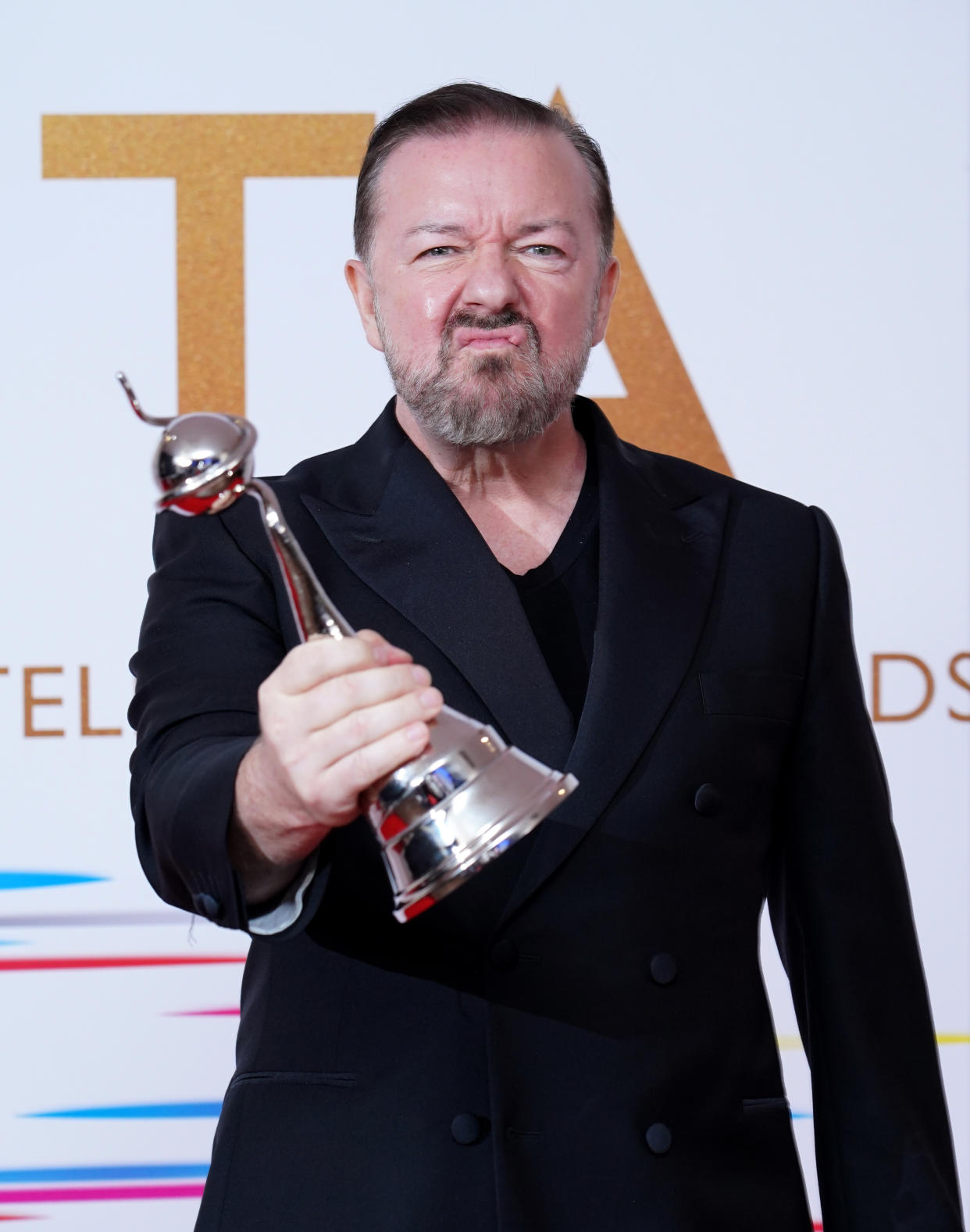 Ricky Gervais in the press room after winning the Comedy award for After Life at the National Television Awards 2021 held at the O2 Arena, London. Picture date: Thursday September 9, 2021. (Photo by Ian West/PA Images via Getty Images)