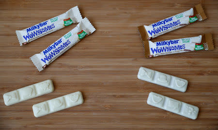 Bars of Nestle's new 'Milkybar Wowsomes' are arranged on a table at their Product Technology Centre in York, Britain, March 21, 2018. REUTERS/Phil Noble