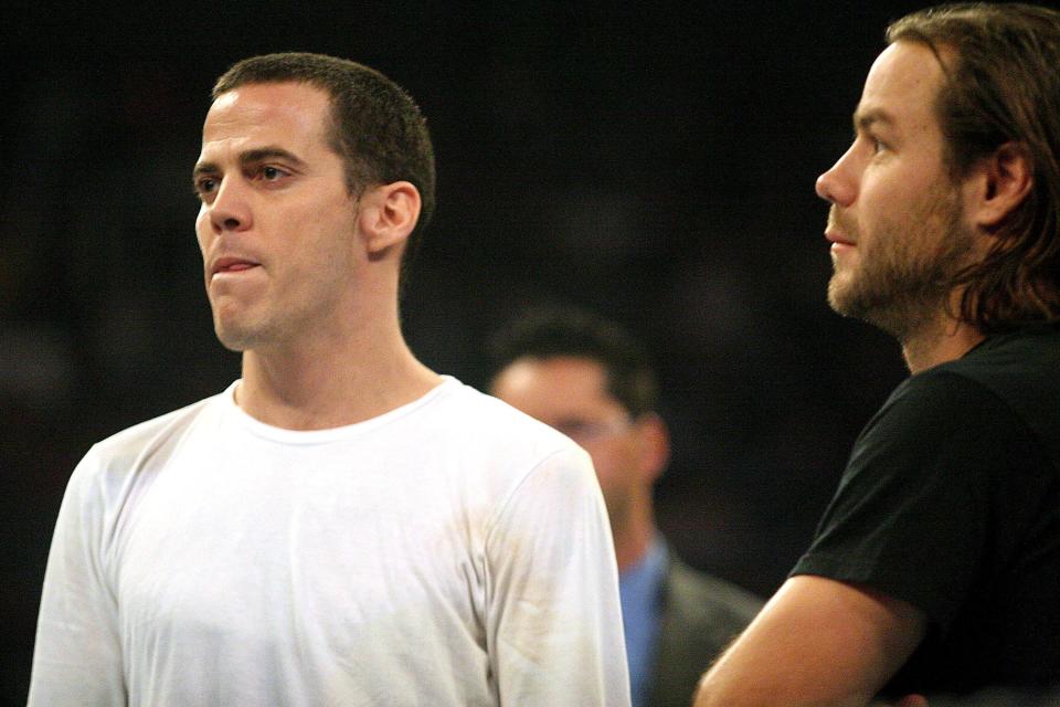 'Jackass' stars Steve-O and Chris Pontius promote their spinoff show 'Wild Boyz' in a '<a href="https://www.youtube.com/watch?v=8ihO8ID7zYg" rel="nofollow noopener" target="_blank" data-ylk="slk:Raw' match against Umaga;elm:context_link;itc:0;sec:content-canvas" class="link ">Raw' match against Umaga</a>.