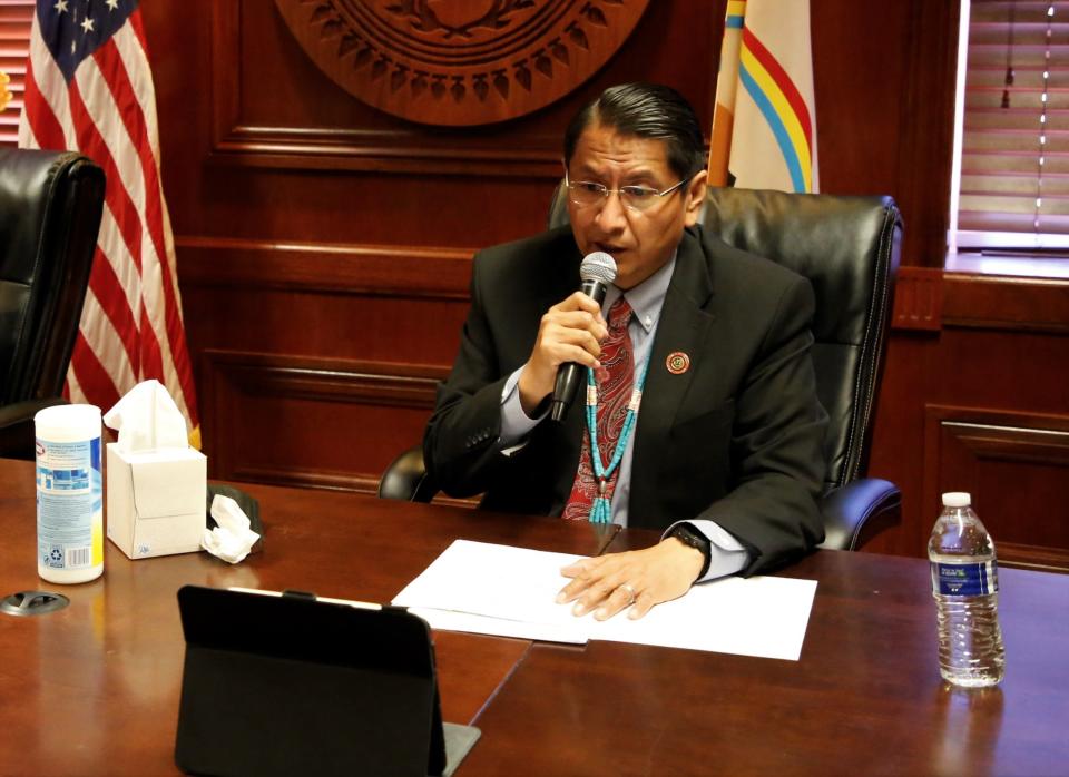 Navajo Nation President Jonathan Nez,  seen on April 19, 2021 speaking to the tribal council during a livestream, on Dec. 30 approved the reallocation of remaining CARES Act funding to help eligible tribal members aged 60 and over.