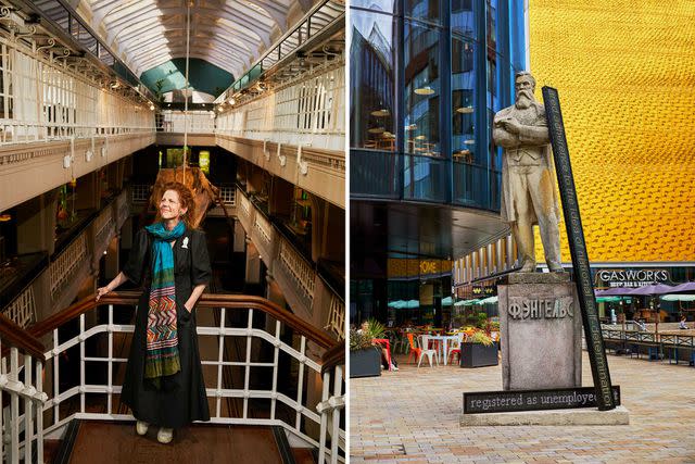 <p>Emli Bendixen</p> From left: Esme Ward, director of the Manchester Museum, in its Living Worlds galleries; a statue of Friedrich Engels brought to the city by artist Phil Collins outside of the Home arts center.