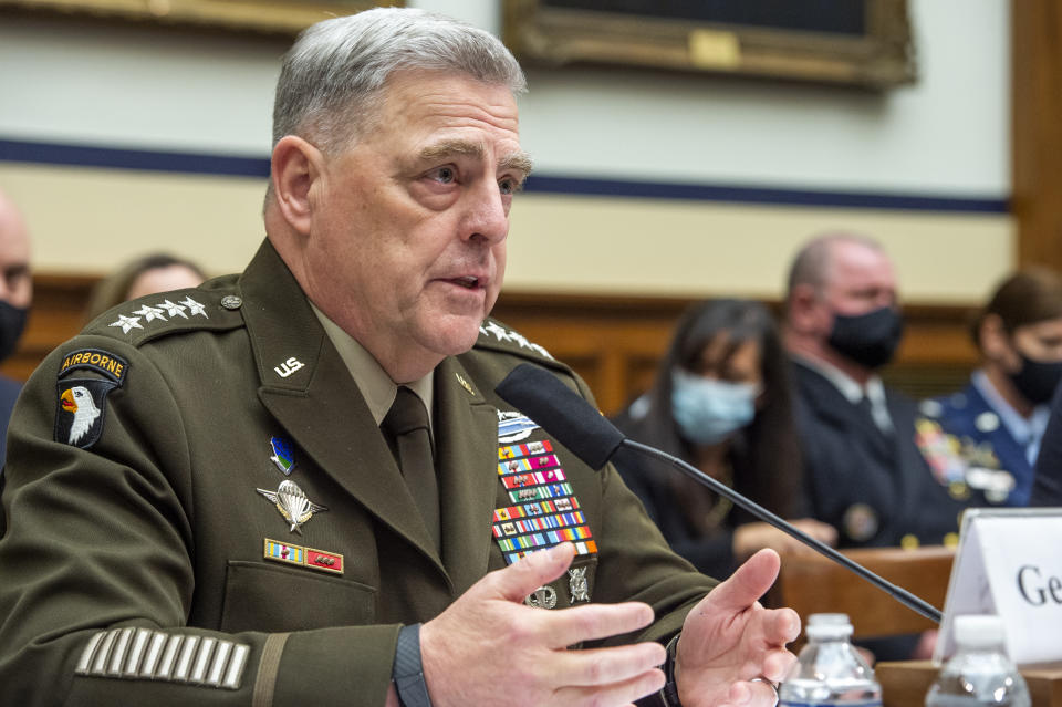 Gen. Mark A. Milley, chairman of the Joint Chiefs of Staff, testifies during a House Armed Services Committee hearing on ending the U.S. military mission in Afghanistan in the Rayburn House Office Building at the U.S. Capitol on Sept. 29. 