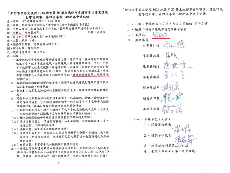 李正皓說，這個案子的關鍵點在這張圖。這個環評案的主持人兼環評委員竟然是建商關係人 。（圖／翻攝自李正皓臉書）