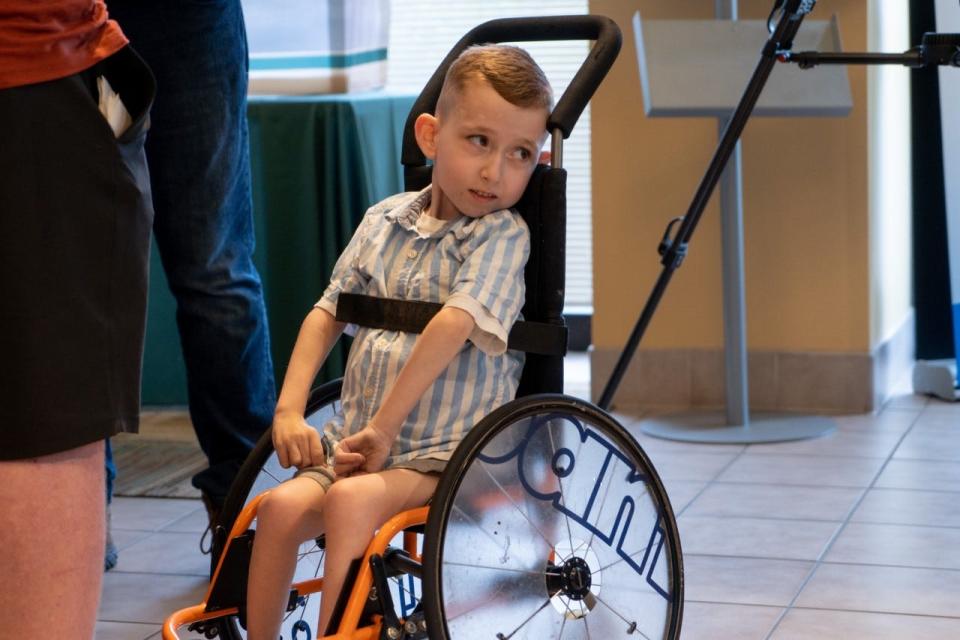 Five-year-old Jace Vincent is pictured after receiving a wheelchair-accessible van for him and his family from Lori's Voice on June 8, 2022.
