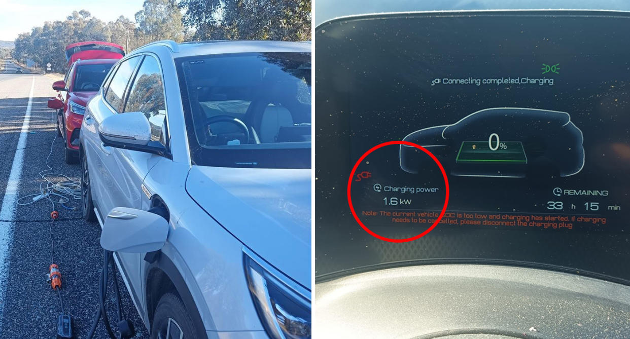An Aussie EV owner chargers his friend's car using his own (left) An empty battery screen is also seen (right)