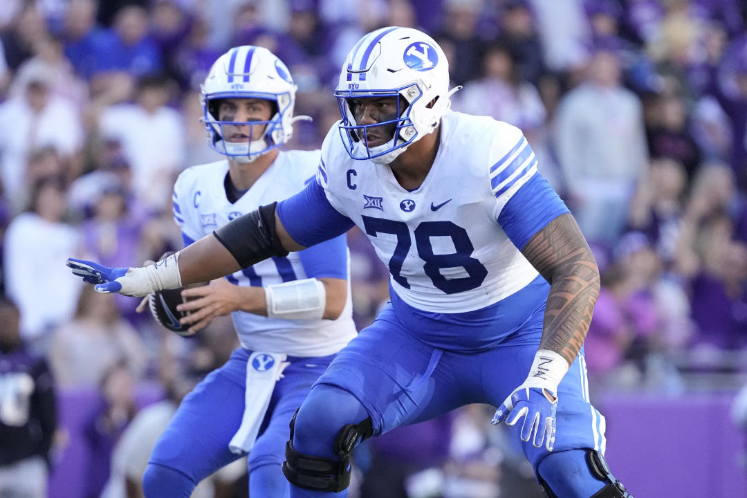 FORT WORTH, TEXAS - OCTOBER 14: Kingsley Suamataia #78 of the Brigham Young Cougars prepares to block during the second half against the TCU Horned Frogs at Amon G. Carter Stadium on October 14, 2023 in Fort Worth, Texas. (Photo by Sam Hodde/Getty Images)