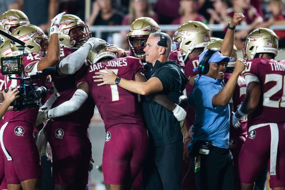 Florida State Seminoles head coach Mike Norvell celebrates a pick six. The Florida State Seminoles defeated the Southern Miss Golden Eagles on Saturday, Sept. 9, 2023.