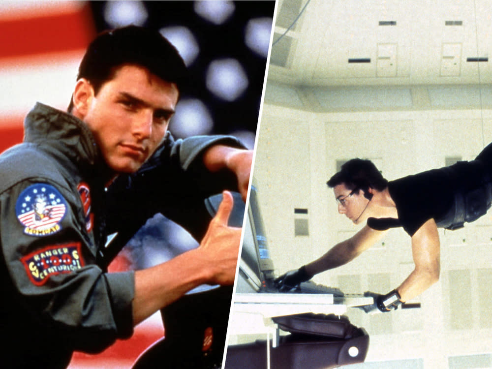 In "Top Gun" (l.) spielt Tom Cruise einen Kampfpilotenschüler, in "Mission: Impossible" einen Geheimagenten. (Bild: [M] imago images/Ronald Grant/Prod.DB)