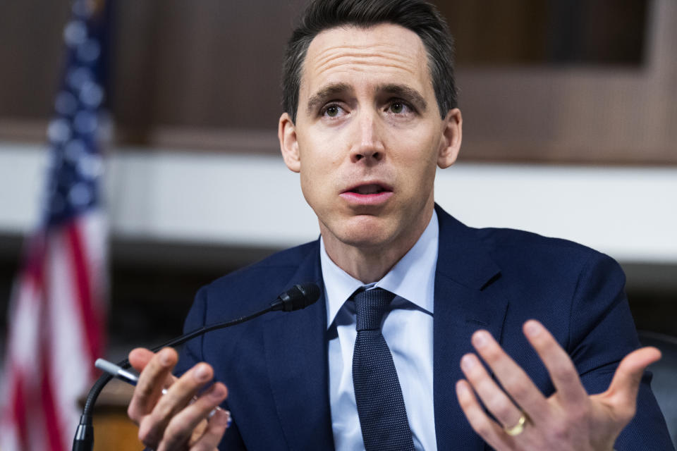 UNITED STATES - DECEMBER 10: Sen. Josh Hawley, R-Mo., speaks during the Senate Judiciary Committee markup on judicial nominations and the Online Content Policy Modernization Act, in Dirksen Building on Thursday, December 10, 2020. (Photo By Tom Williams/CQ-Roll Call, Inc via Getty Images)