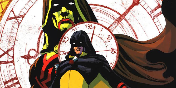 The third Hourman, an android from the far future, looms over Rick Tyler, Hourman II. 
