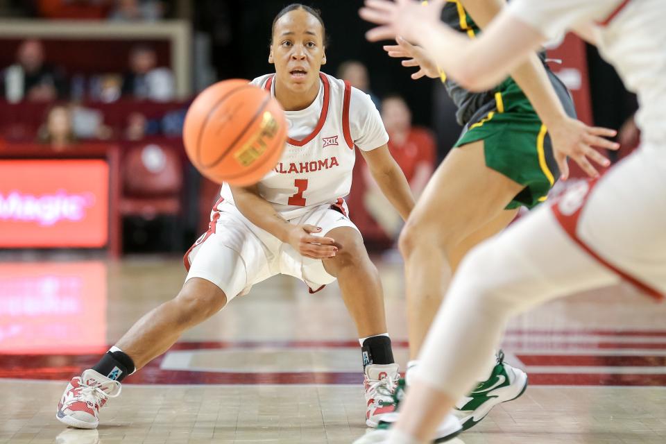 Oklahoma guard Nevaeh Tot (1) passes the ball in the first quarter against Baylor on Jan. 3 at Lloyd Noble Center in Norman.
