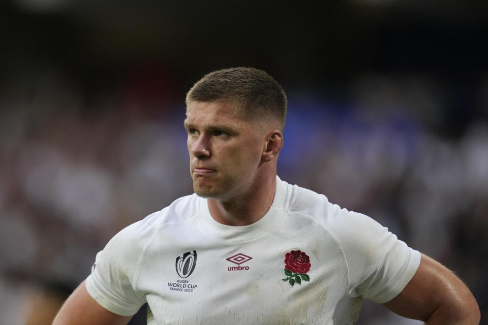 England's captain Owen Farrell during the Rugby World Cup Pool D match between England and Samoa at the Stade Pierre Mauroy in Villeneuve-d'Ascq, outside Lille, France, Saturday, Oct. 7, 2023. (AP Photo/Themba Hadebe)