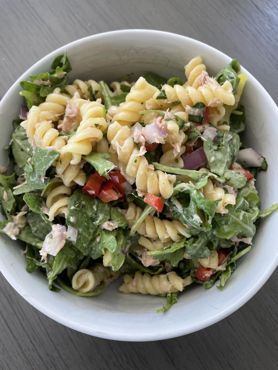 Quick tuna pasta salad in a bowl