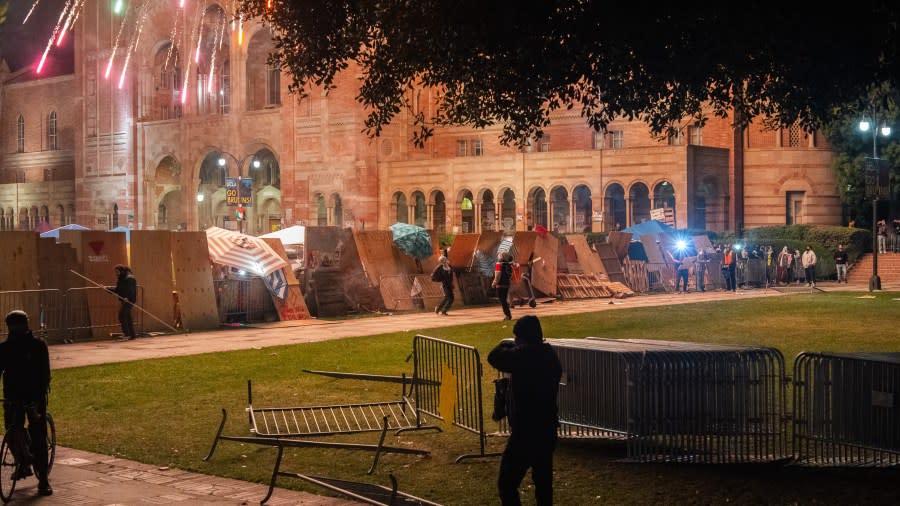 Israeli Protesters Laid Siege On The UCLA Gaza Support Camp For Over 4 Hours. The Israeli Protesters Used Make Shift Weapons, Chemical Weapons And Fireworks To Assault The Camp All Night Long, in Los Angeles, on May 1, 2024.(Photo by Shay Horse/NurPhoto via Getty Images)