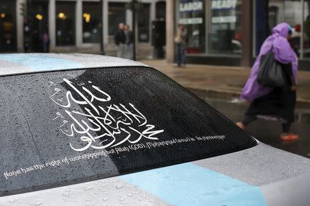 A message about Islam is pictured on the rear window of a car parked in Lewiston, Maine June 1, 2015. REUTERS/Brian Snyder