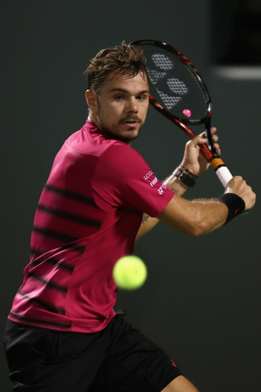 Stan Wawrinka of Switzerland, seen in action against Malek Jaziri of Tunisia during their Miami Open 3rd round match, at Crandon Park Tennis Center in Key Biscayne, Florida, on March 27, 2017