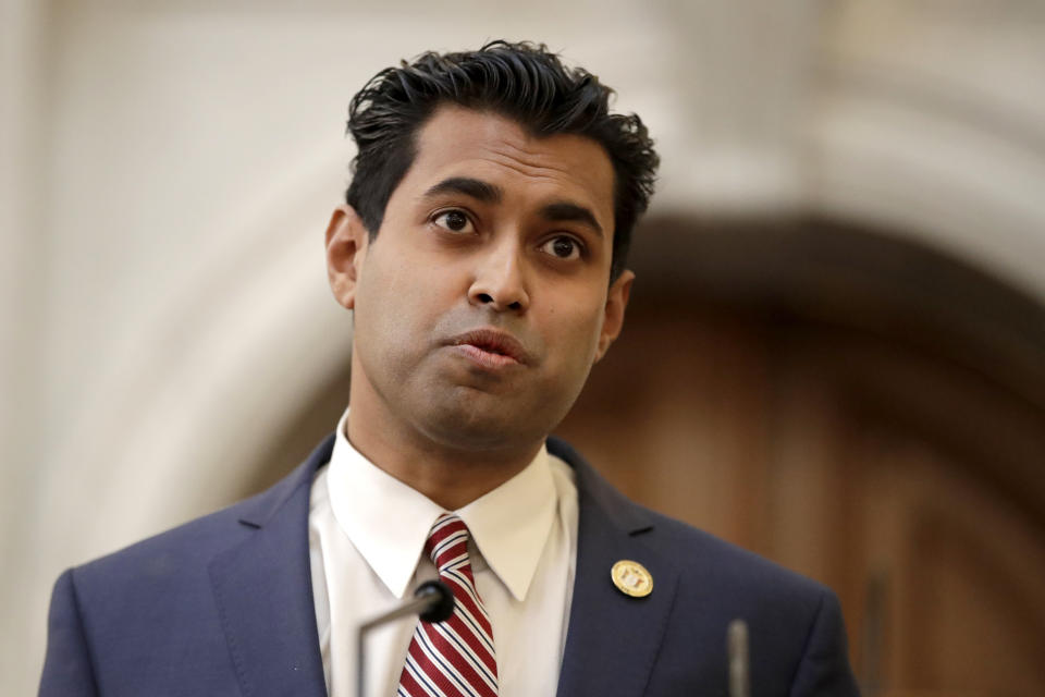 FILE - Vin Gopal, D-Ocean Township, N.J., speaks after being sworn into the New Jersey Senate, Tuesday, Jan. 9, 2018, in Trenton, N.J. Gopal has won reelection Tuesday, Nov. 7, 2023, in his closely contested coastal New Jersey district, keeping a key swing seat under Democratic control.(AP Photo/Julio Cortez, File)