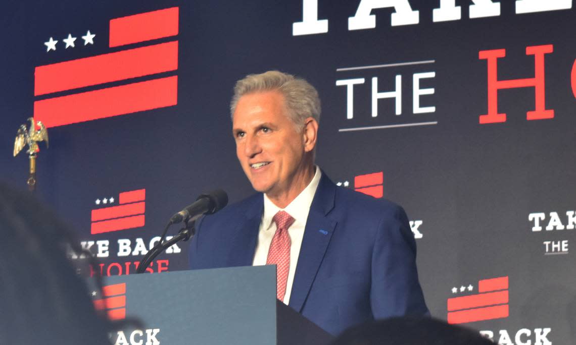House Minority Leader Kevin McCarthy, R-Bakersfield, speaks to supporters and reporters at the “Take Back the House” election watch party in Washington, D.C., around 2 a.m. Eastern Time on Wednesday, Nov. 9, 2022. McCarthy is likely to become the next Speaker of the House.