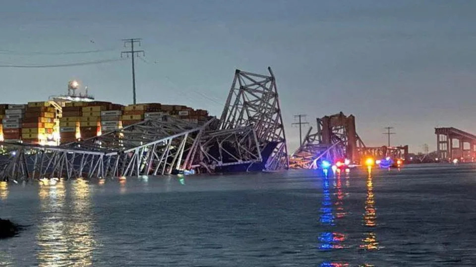 A view of the Singapore-flagged container ship 'Dali' after it collided with a pillar of the Francis Scott Key Bridge in Baltimore. - Harford County MD Fire & EMS/Reuters