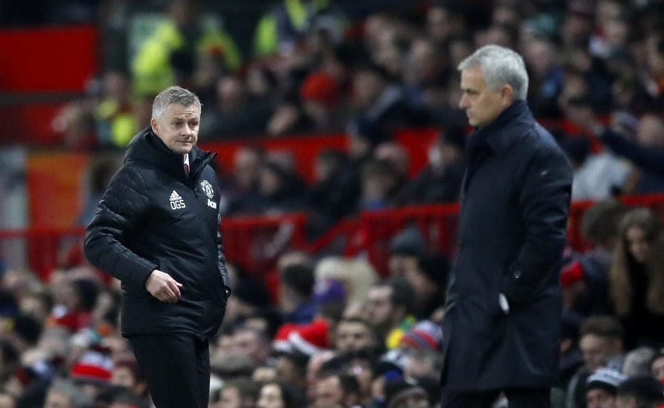 Manchester United manager Ole Gunnar Solskjaer (left) and Tottenham Hotspur manager Jose Mourinho during the Premier League match at Old Trafford, Manchester. (Photo by Martin Rickett/PA Images via Getty Images)