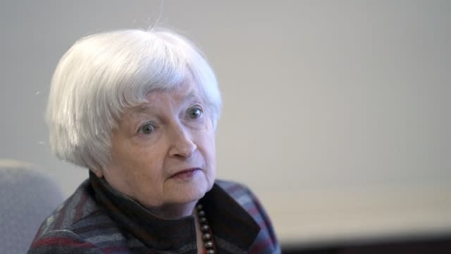 Treasury Secretary Janet Yellen listens during a visit to the Financial Crimes Enforcement Network (FinCEN) in Vienna.