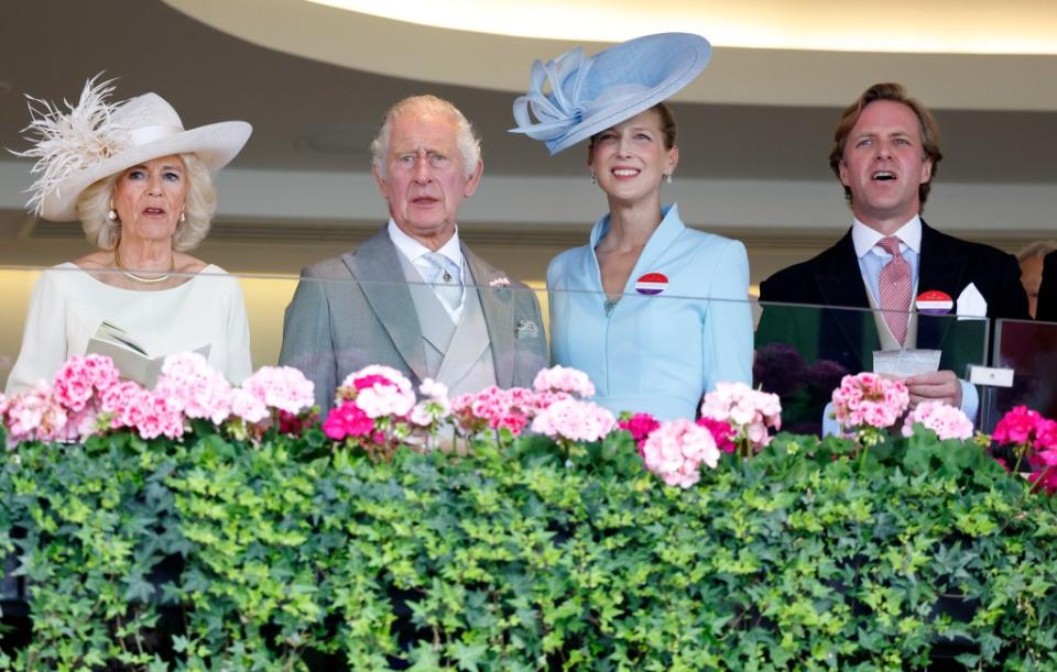 Queen Camilla, King Charles, Lady Gabriella and Thomas Kingston watch a race on Day 5 of the Royal Ascot in June. Getty Images