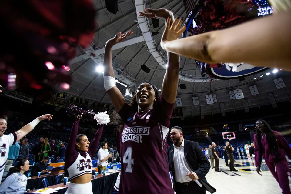Mississippi State's Jessika Carter (4) celebrates as she walks off the court after winning a first-round college basketball game against Creighton in the NCAA Tournament, Friday, March 17, 2023, in South Bend, Ind. (AP Photo/Michael Caterina)