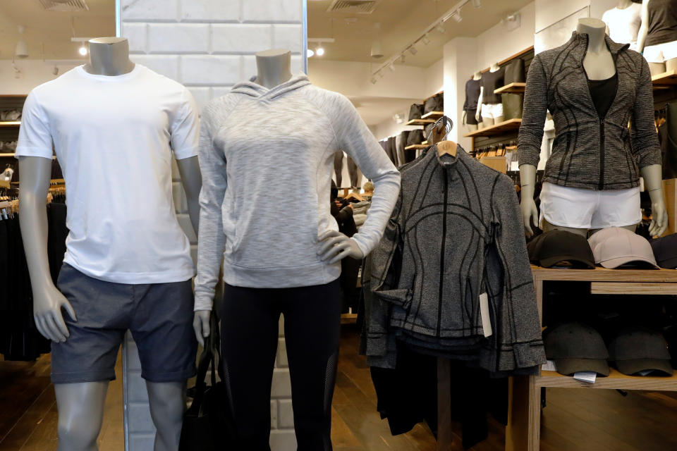 Clothes are displayed in a Lululemon Athletica retail store in New York, U.S., March 30, 2017. REUTERS/Brendan McDermid